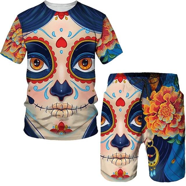 Summer 2 Piece Outfits Sets Tshirt and Shorts Tracksuit Men's Oversized Cloth Streetswear Vintage Skull Gothic 3D Print Men Sets