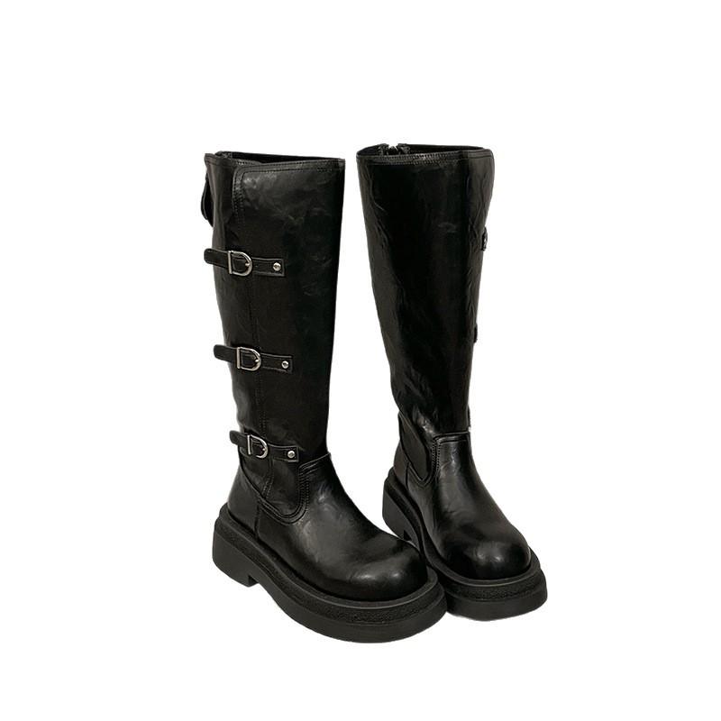 Height-increasing Thick-soled But Knee-high Boots Women's 2025 Autumn New Round-headed Knight Boots Muffin-bottom Belt Buckle High Boots