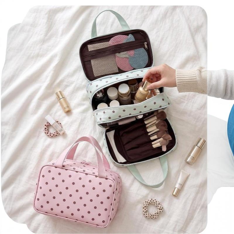 Polka Dot Cosmetic Bag Large Capacity Pu Waterproof Travel Toiletry Organizer Three-Layer Partition Travel Storage Bag