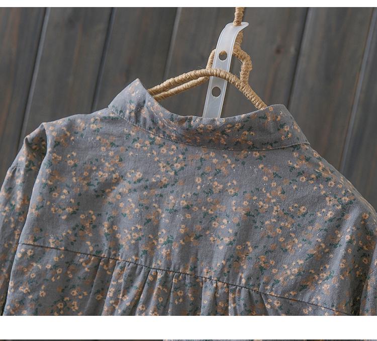 Women's Small Floral Cotton Linen Long Sleeve Shirt - Artistic Casual Spring/Autumn Outerwear