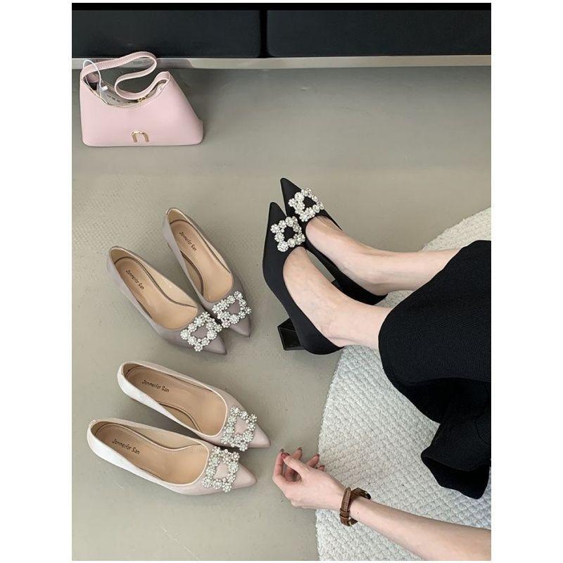 Spring Fashion New Thick Heel Single Shoes Children's Shoes Pointed Rhinestone Shallow Mouth Soft Leather Mid-heel Shoes