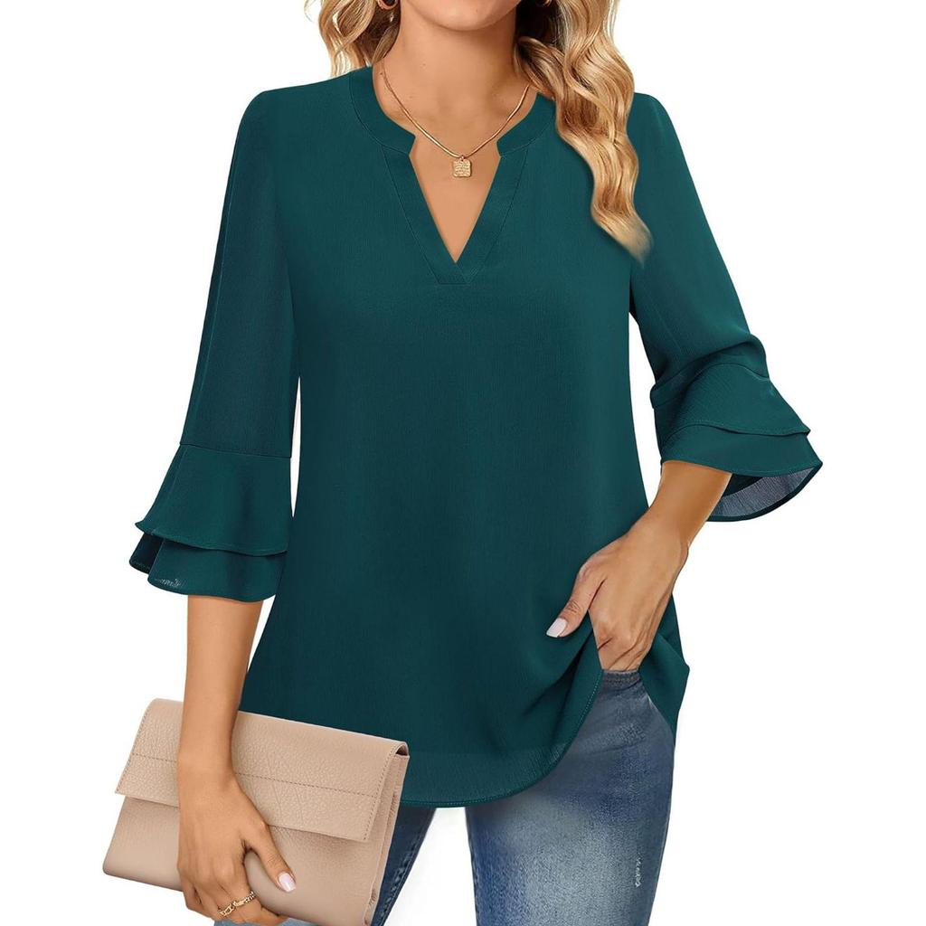 Women's Fashion Casual Seven Points Flared Sleeve Double Layer Chiffon Drawstring Solid Colour V-Neck Top
