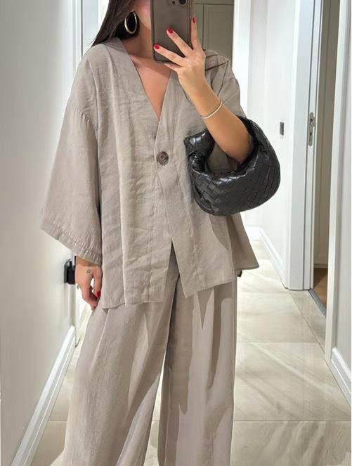 2026 Cross-border Women's Fashion Casual Suit V-Neck One Button Loose Long Sleeve Top High Waist Pants Two-piece Set