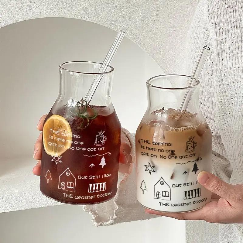 Simple Line Graffiti Glass,650ml Cold Brew Coffee Cup Large Capacity Water Glassware Office Milk Juice Drinkware Gifts