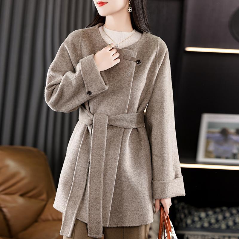 

Осень и зима новая двусторонняя шерстяная куртка женская средней длины темпераментная свободная с поясом шерстяная куртка M