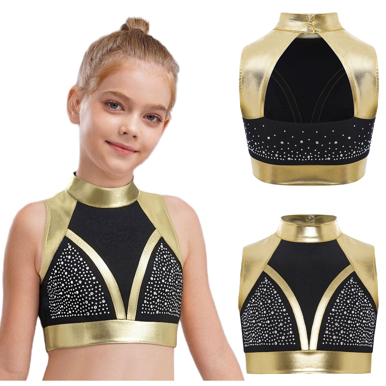 

Girls Performance Costume Top Mock Neck Sleeveless Cutout Back Shiny Rhinestones Dance 5-6 Years