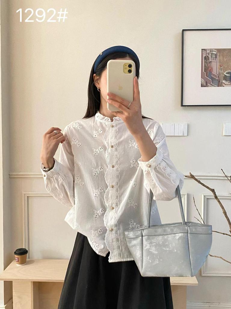 French Embroidered Stand-Up Collar Women's Shirt - Spring Style, Loose Fit, Hollow-Out Design, Long Sleeve Top