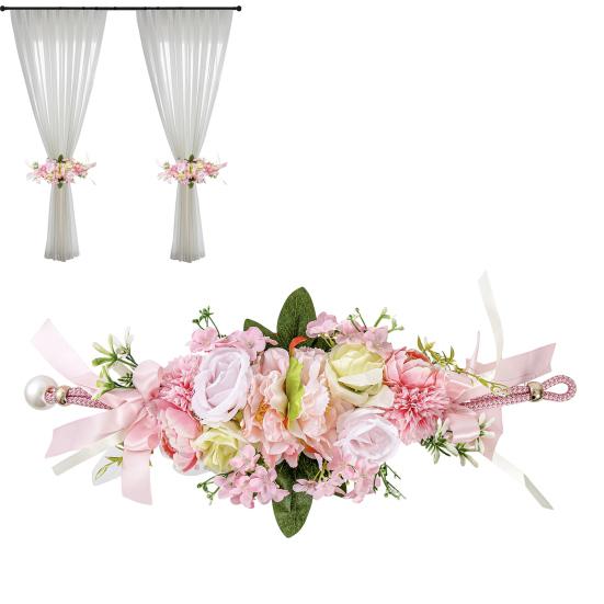 Floral Curtain Tiebacks with Realistic Silk Flowers Adjustable Fabric Straps Decorative Curtain Accessories for Wedding Home