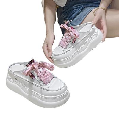 2025 Summer New Baotou Half Slippers Outdoor Thick Soled Leather Slippers Women's Height Increase 8cm Women's Sandals