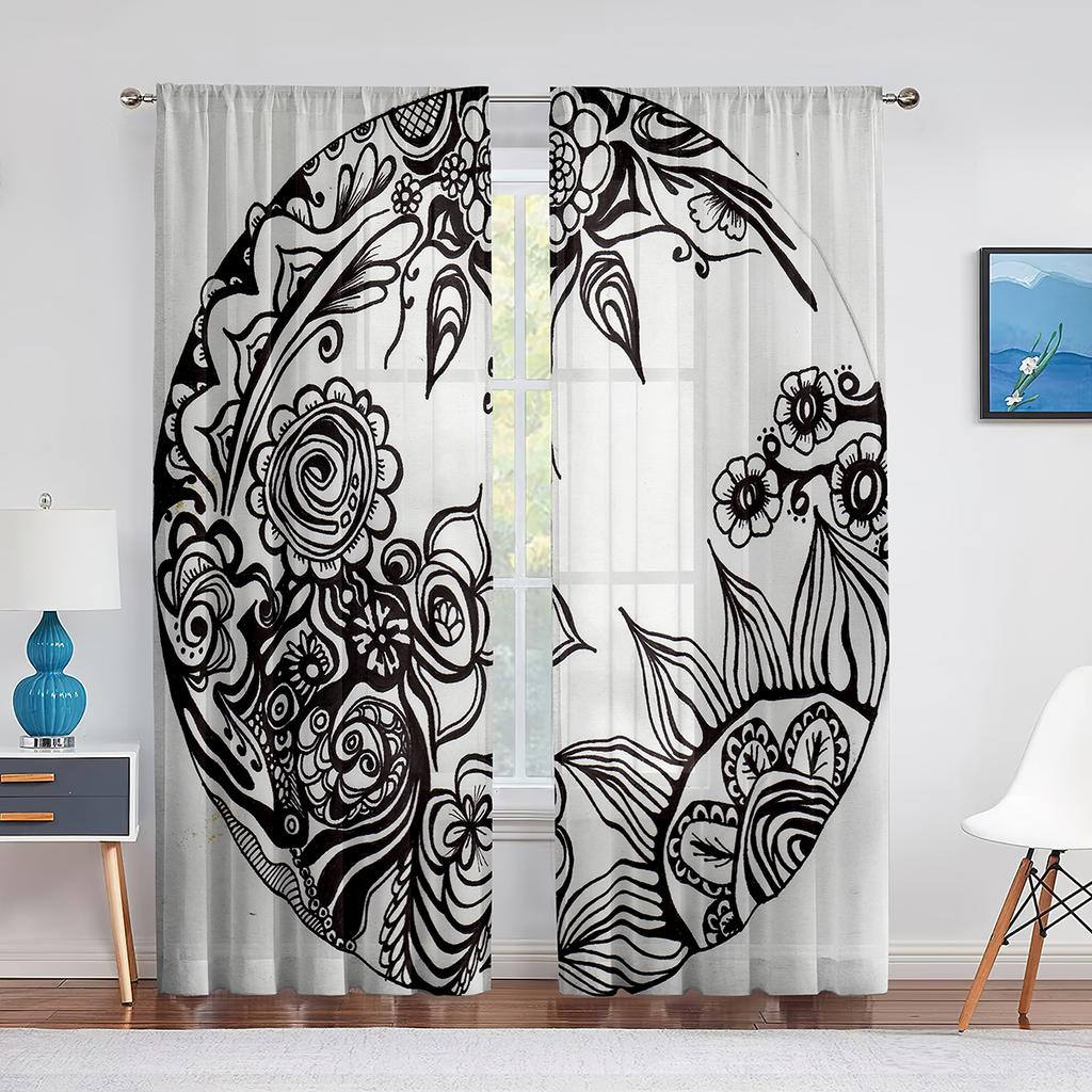 Mandala Gule Blomster Sterkt Geometrisk Mønster Skjære Voilgardiner for Stue Soverom Vindu Gjennomsiktige Tyllgardiner