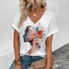 Plant Flower Print T-shirt Daily Loose Comfortable Top Personality Street Fashion Wear With The New Summer Women's V-neck Tees