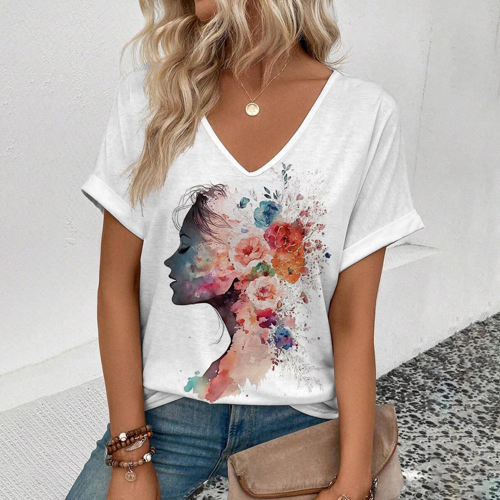 Plant Flower Print T-shirt Daily Loose Comfortable Top Personality Street Fashion Wear With The New Summer Women's V-neck Tees