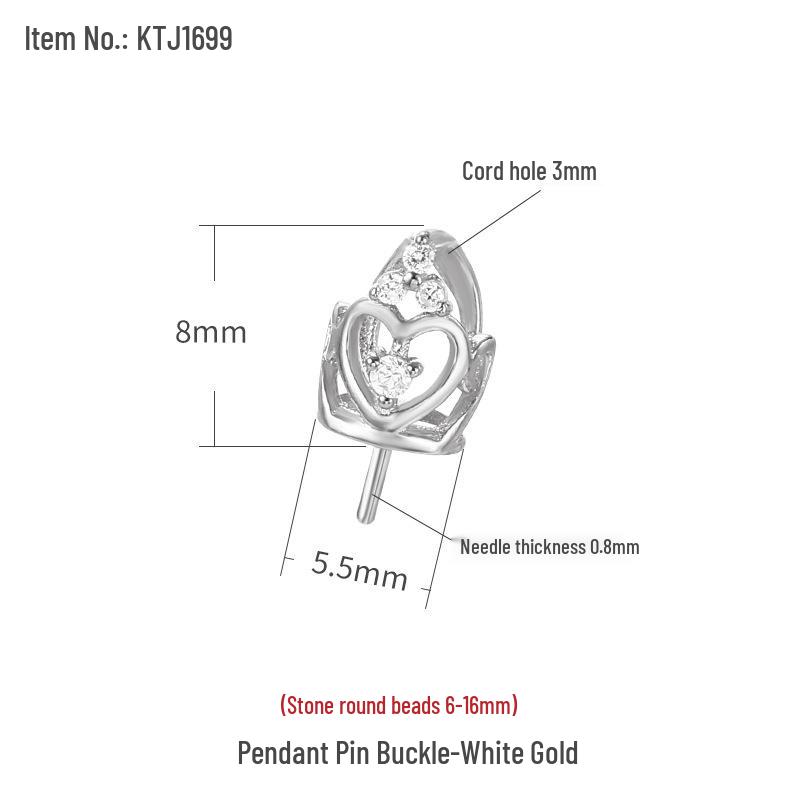 

S925 Sterling Silver Crown Heart-Style Pendant Setting for DIY Amber Round Bead, 6-12mm, with Half-Holed Pin Clasp. 925 Sterling Silver платиновый