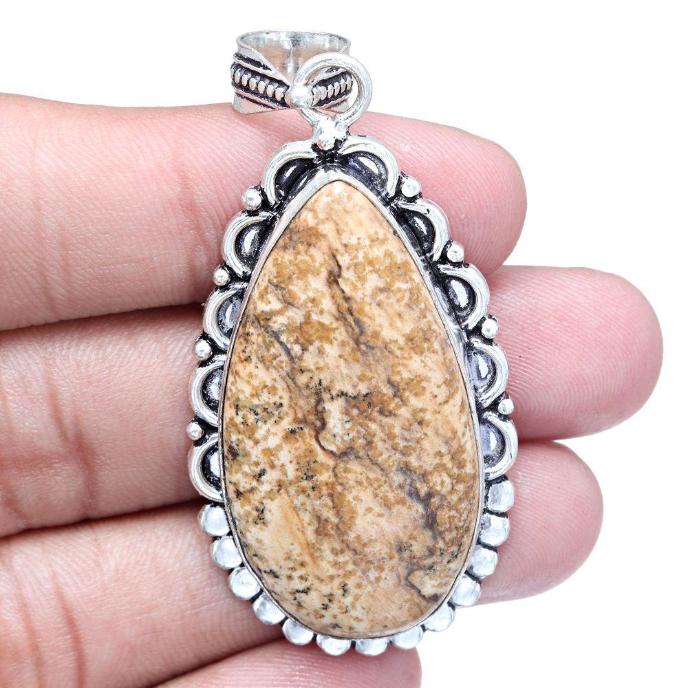 Pendentif Jaspe Image Pierre Précieuse Fait Main Fête des Mères Bijoux Argent 2,5"