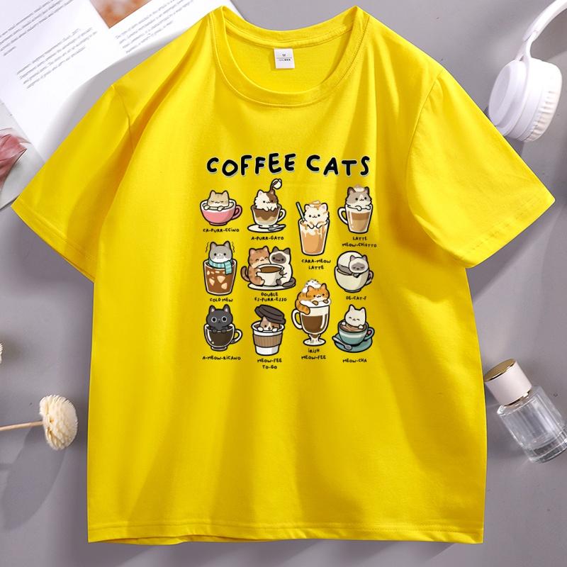Coffee Cats T Shirt Funny Kawaii Cats Cotton Short Sleeve Round Neck Printed Tshirts Printed Summer Tshirt Casual Loose