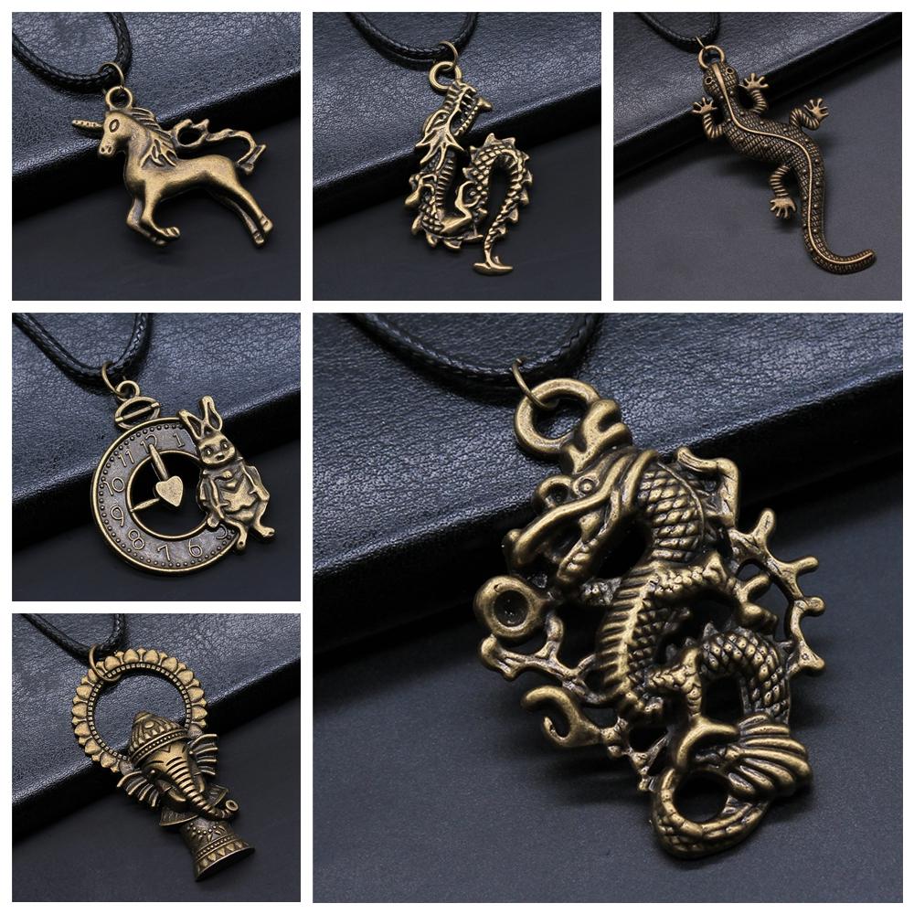 Animal Black Leather Necklace Elephant Wolf Dragon Horse Gecko Lizard Pendant Necklace For Women Men Boy Girls