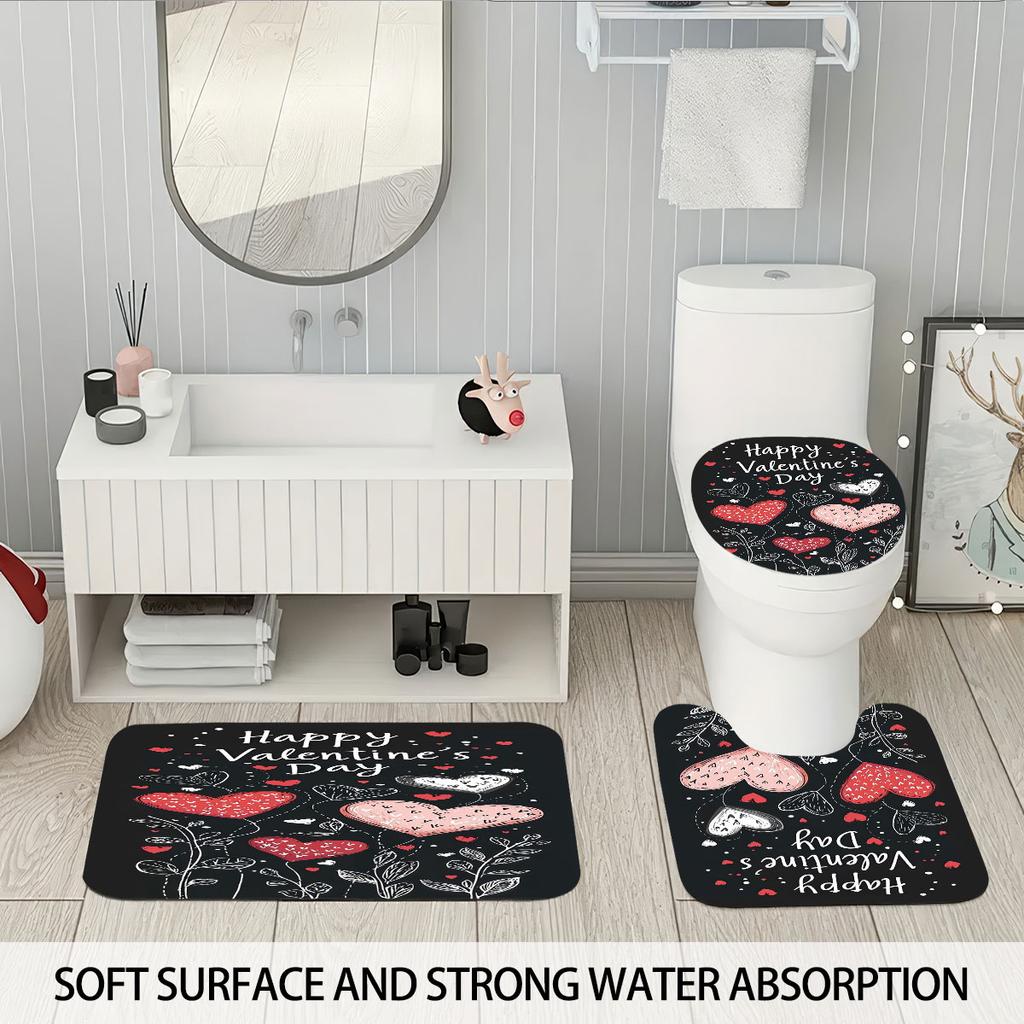 4 Stück Valentinstag Romantische Liebe Schwarz Bedrucktes Badezimmer-Set 180x180 Wasserdichter Duschvorhang Fußmatte U-förmige Toilettenmatte