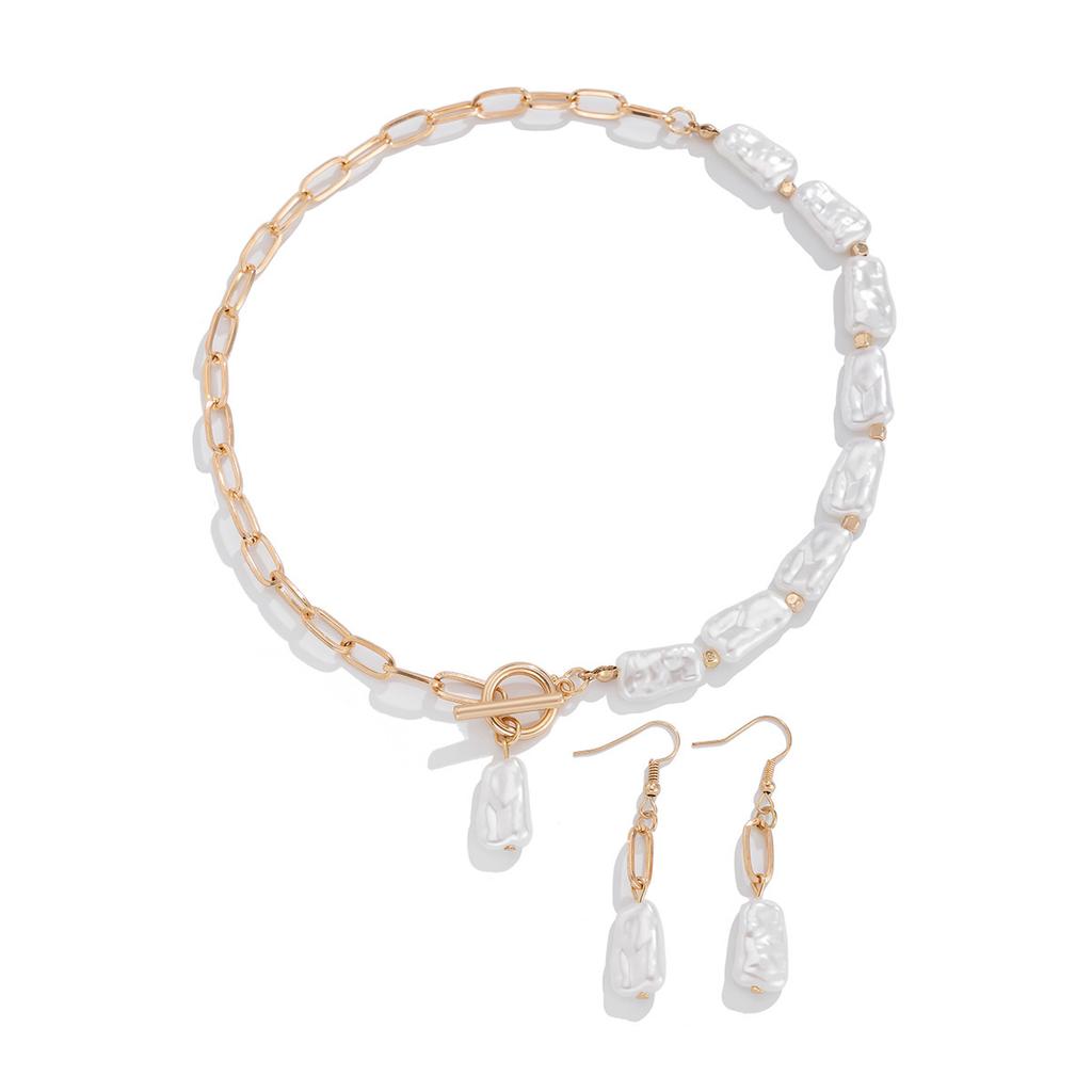 Temperament Baroque Imitation Pearl Necklace Earrings Simple Metal Chain Fringed Collarbone Necklace