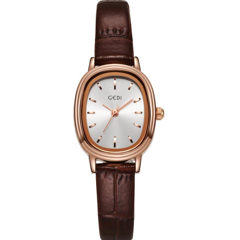 Vintage Minimalist Elliptical Quartz Watch For Women With Leather Strap Design кофейный