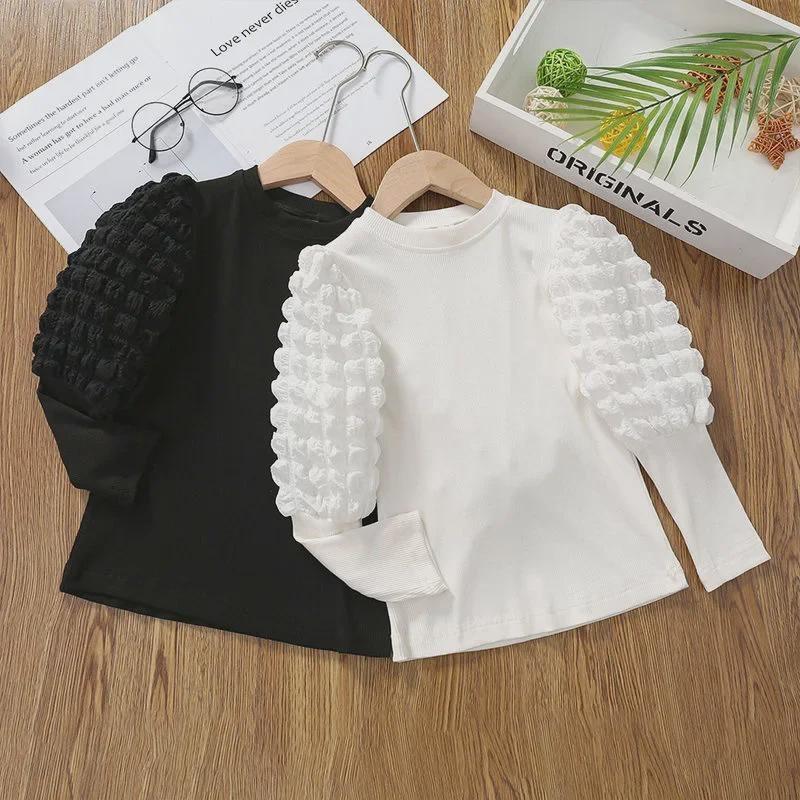 Girls' Thickened Puff Sleeve Long-Sleeve T-Shirt, Half-High Collar, Spring/Autumn 2024, Baby & Toddler Top