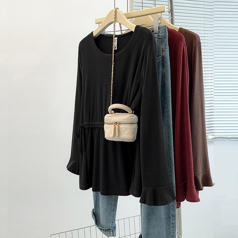 Plus Size Autumn Round Neck Ribbed Pullover Base Layer for Women - Slimming & Versatile