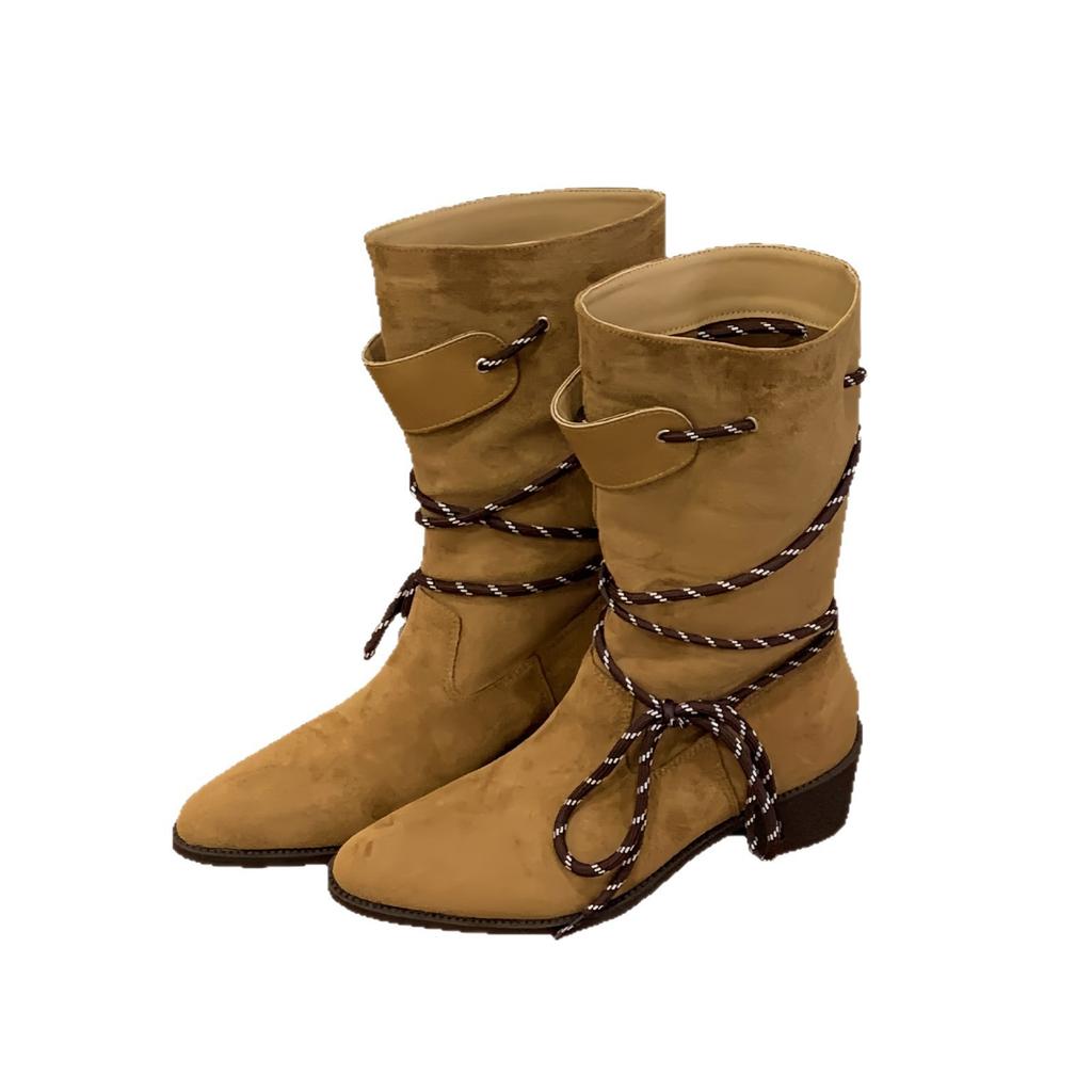 2025 autumn and winter new niche strap mid-tube boots pointed short boots knight boots Maillard western cowboy boots women