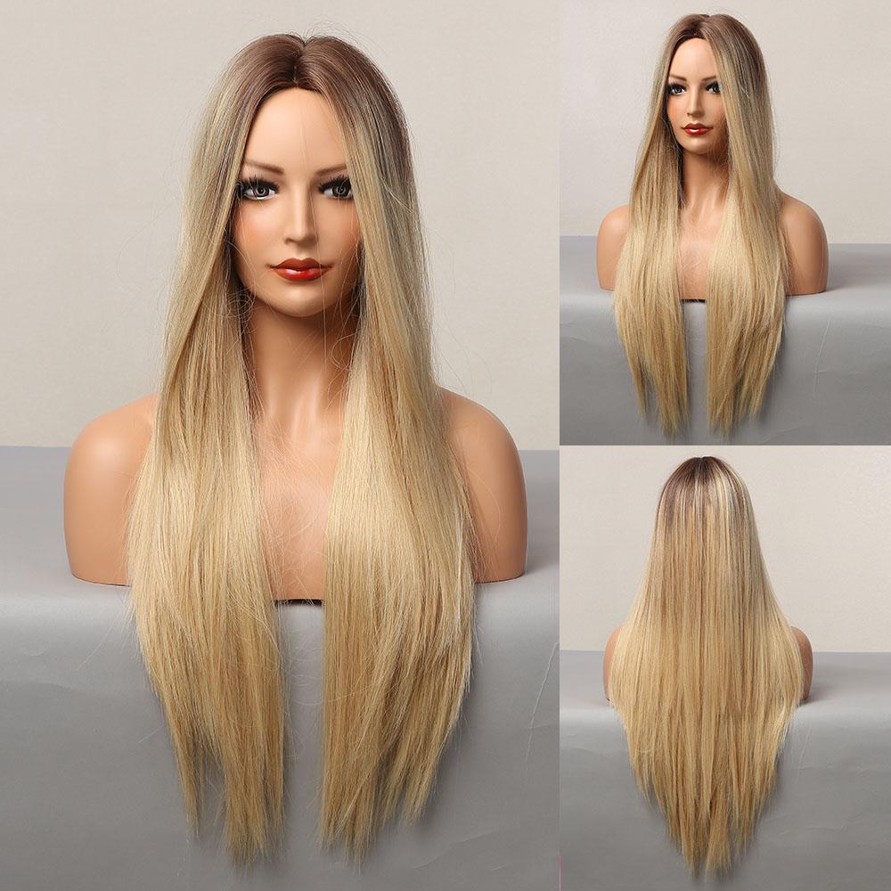 HENRY MARGU Ombre Dark Black Brown Synthetic Wigs with Bangs Layered Hair Wig for Black Women Party Cospaly Heat Resistant
