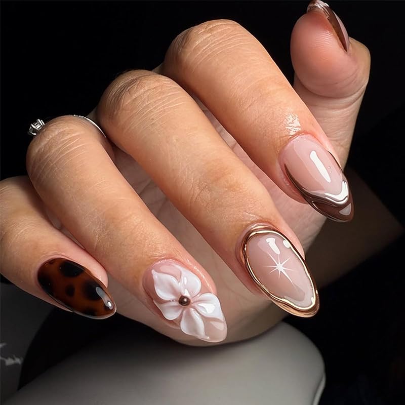 Pink French Tip Press on Nails Medium Almond Fake Nails with 3D Flower Designs Glossy Acrylic False Nails Golden Bead Artificial Glue on Nail