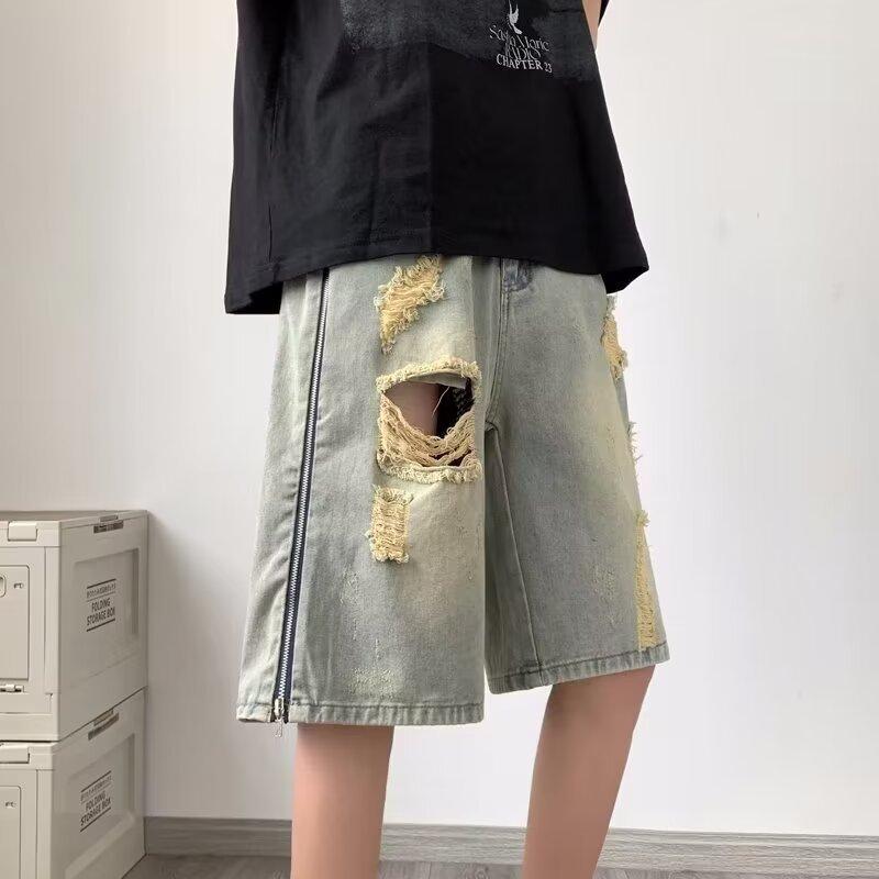 JYL Men's Denim Shorts Vintage Side Zip Mud Dyed Ripped Loose High-Street Denim