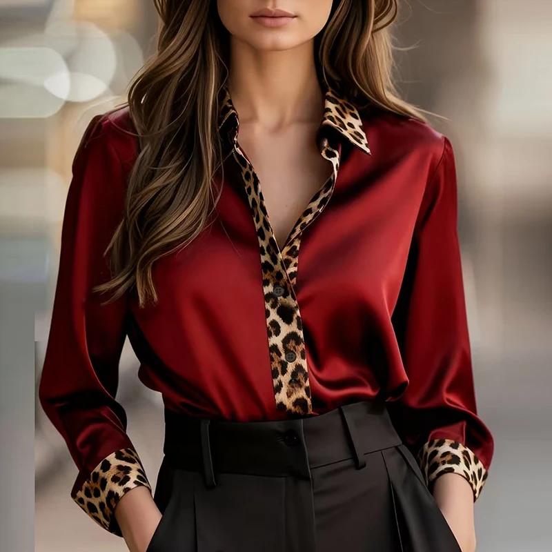 Fashion Women Long Sleeve Silk Shirt Black Turn Down Collar Button Blouse Women Office Tops Satin Shirt S красный