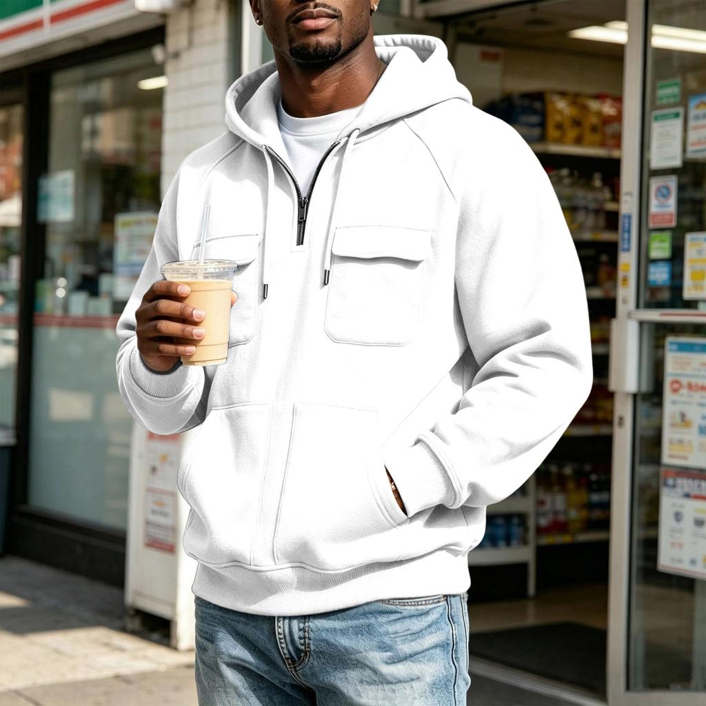 Men's Hooded Jacket with Multiple Pockets Casual Athletic Raglan Sleeve Outerwear