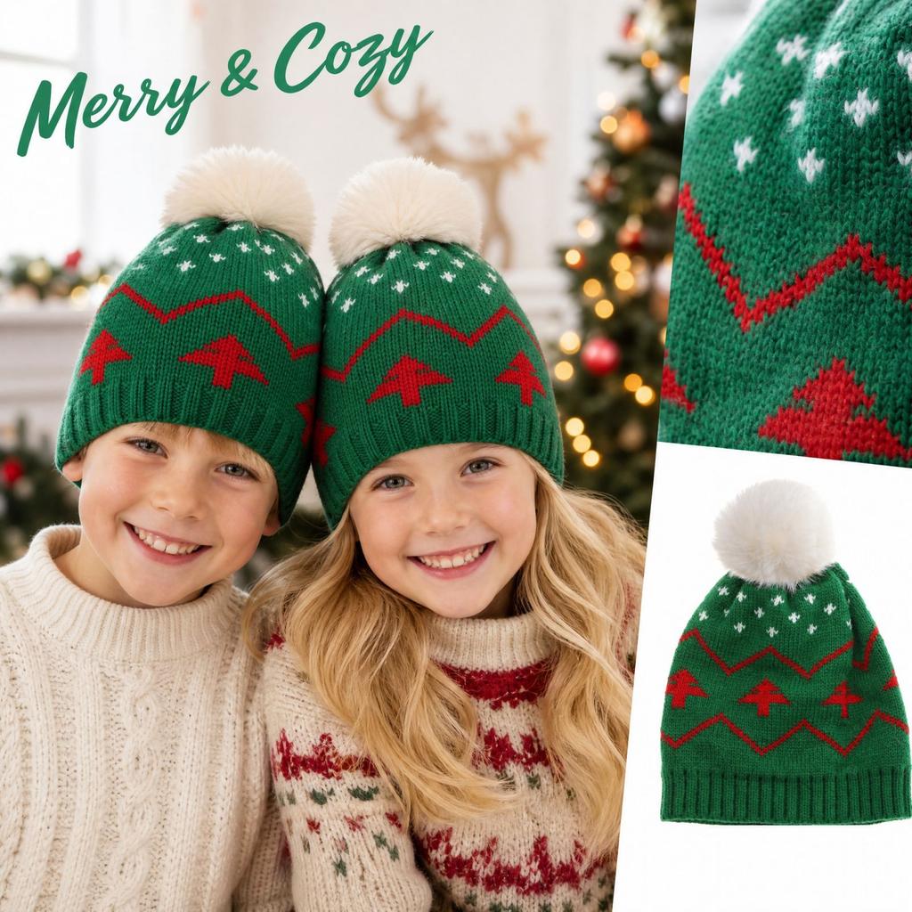 Kids Christmas Tree Knit Hat With, Cute Unisex Warm Winter for Boys and Girls