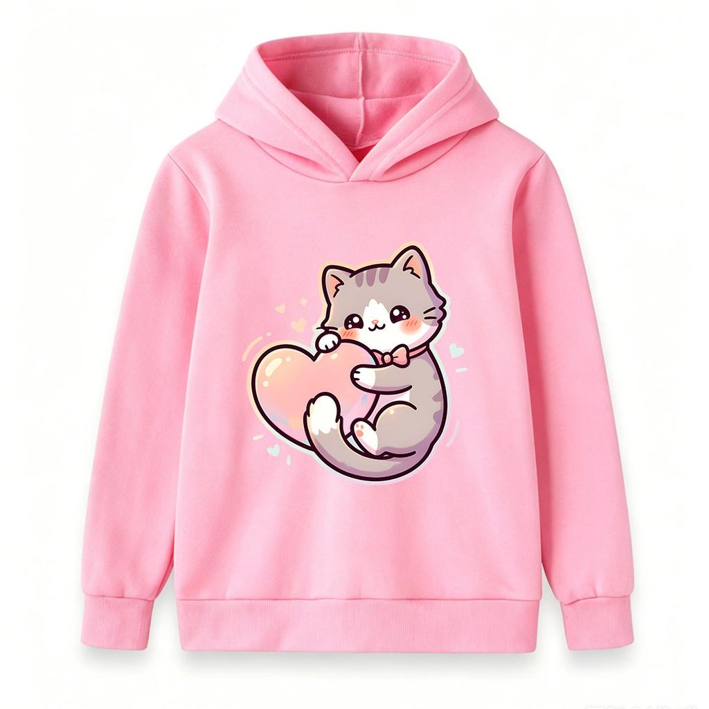 Cute Kawaii Cat Hug Heart Print Kids Hoodie, Casual Soft Pullover Hooded Sweatshirt for Boys Girls, Lovely Cartoon Animal Pattern Long Sleeve Top for