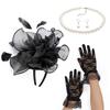 Lady Fascinators Headband Elegant Pearls Opera Necklace Earrings Lace Gloves Set 1920s Versatile Headwear