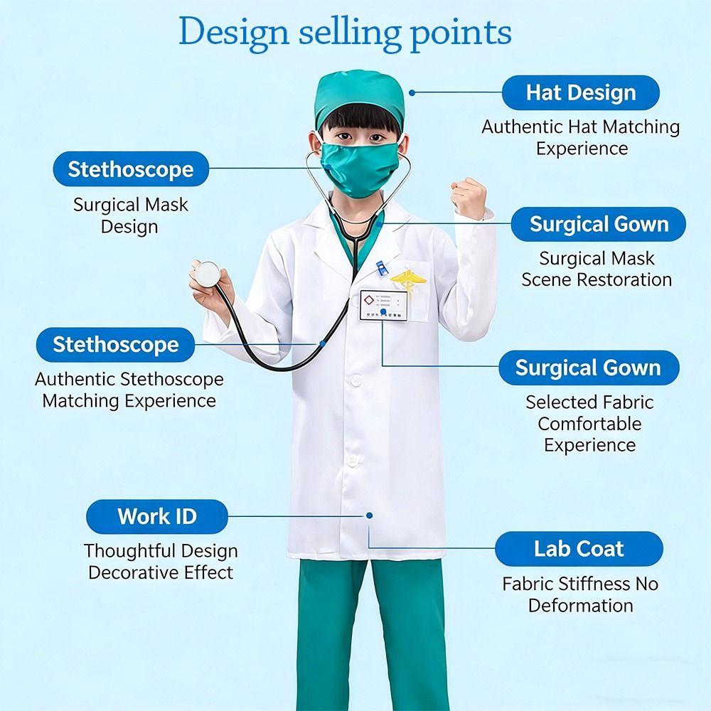 7PCS V Neck Surgical Children Doctor Costume Set Surgical Suit Doctor Nurse Cosplay Scrubs with Stethoscope Nurse Costume Set