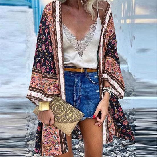 Women Cardigan Floral Print Batwing Sleeve Summer Bohemian Sun Protection Long Blouse for Daily Wear