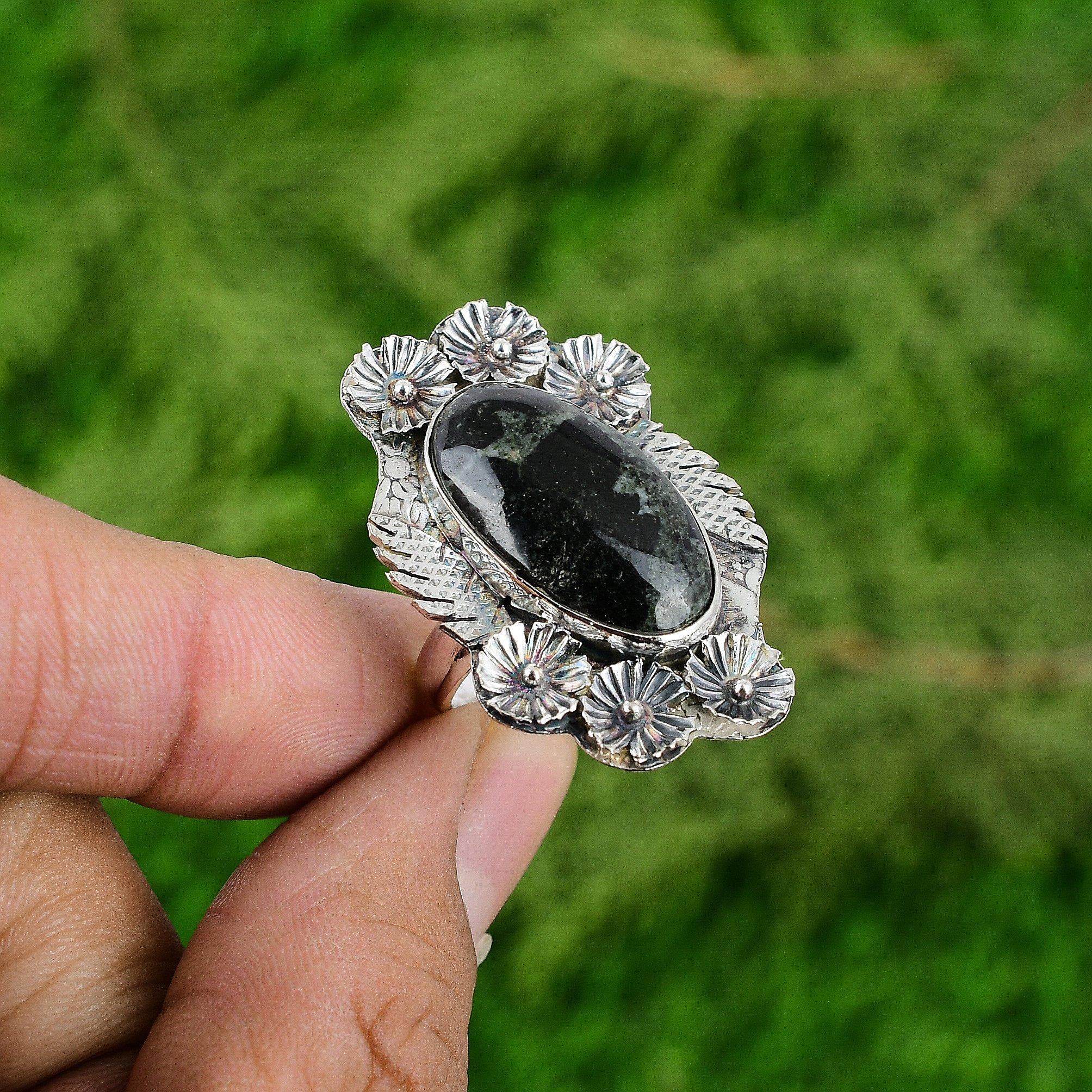 

Natural Star Galaxy Jasper 925 Silver Flower Adjustable Ring For Girls Adjustable