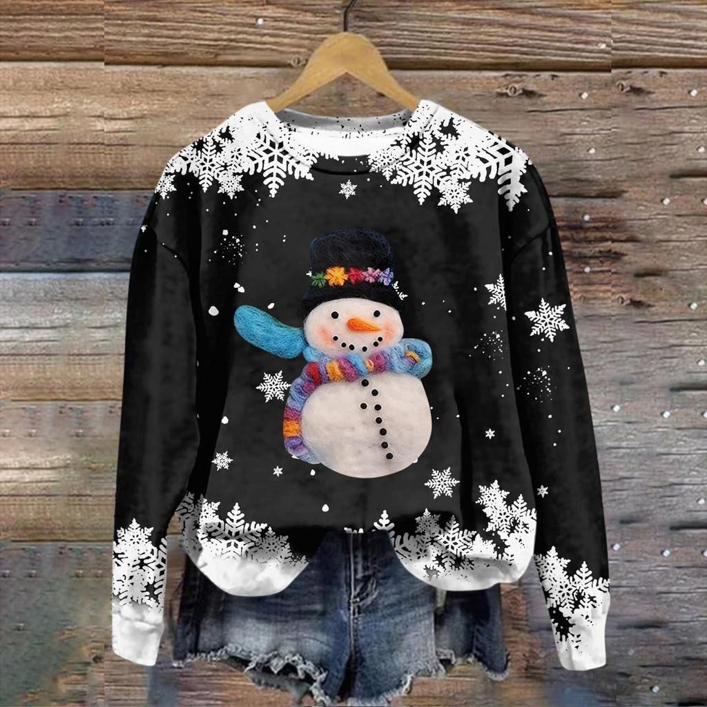 Women's Fashion Christmas Printed Long Sleeve Loose Round Neck Sweatshirt Top