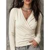 2026 Autumn Women's Cross V-neck Pleated Long Sleeve Casual T-shirt