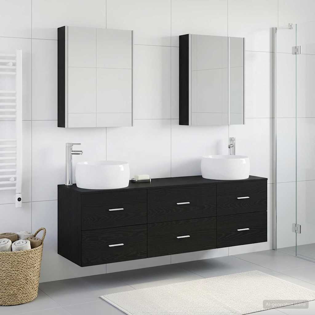 5 Piece Bathroom Furniture Set Black Oak Engineered Wood and Glass