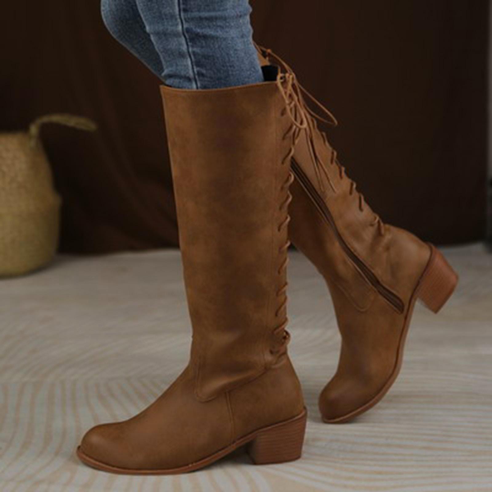 

Women s Lace Up Long Round Toe Boots Fashionable Casual Side Zipper Thick Heel High Knee Boots Women High Boots with Strings 39 коричневый