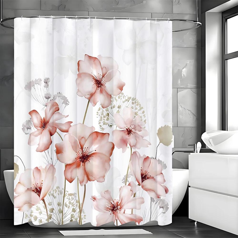 

Blush Pink Floral Watercolor Floral Shower Curtain, Bathroom Decorative Shower Curtain, Waterproof Shower Curtain With Hooks W60H190(CM)-1 Pcs