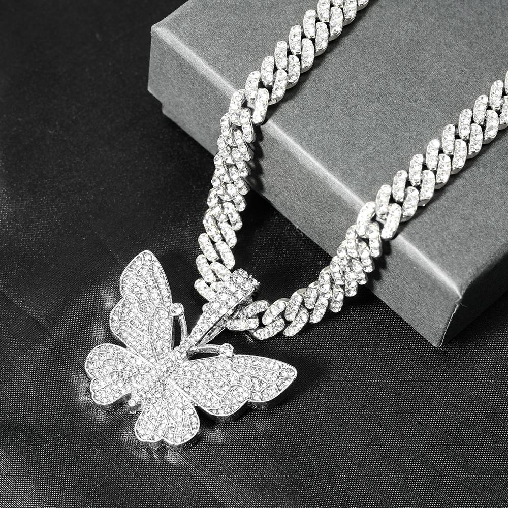 Men Women Hip Hop Iced Out Bling Butterfly Pendant Necklace with 9mm Miami Cuban Chain Hip Hop Necklaces Fashion Charm Jewelry