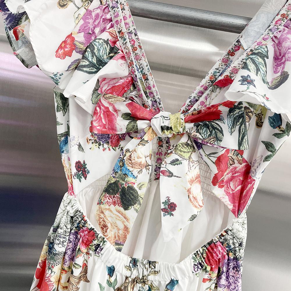 Women's Australian Beach Resort V-Neck Ruffle Sleeveless Printed Backless Dress - Spring 2026