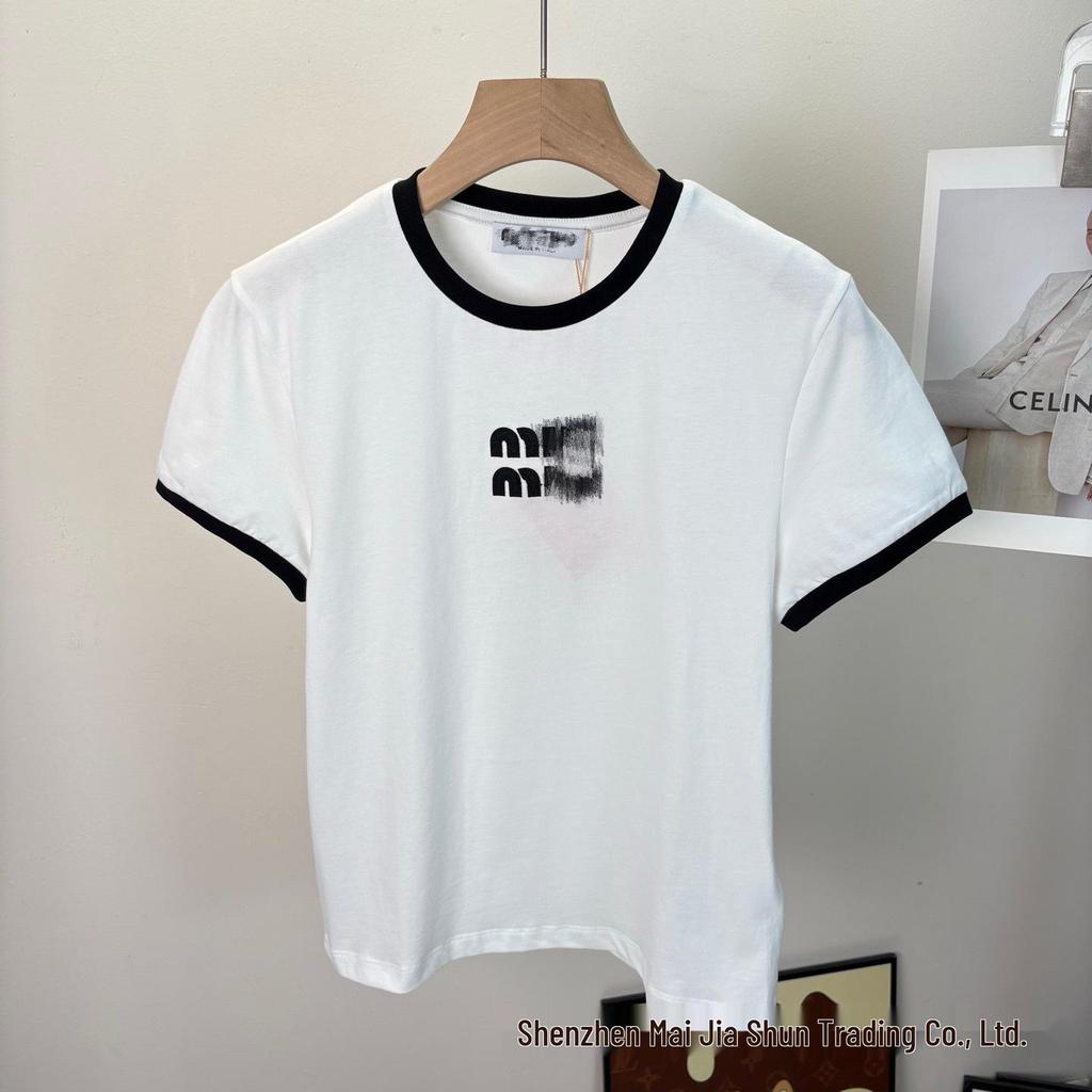 Miu Style Women's Pure Cotton Embroidered T-shirt - Early Spring Collection, Round Neck, Short Sleeve, Slim Fit