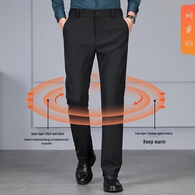 Men's Elastic Milk Silk Fleece-lined Business Casual Pants for Autumn/Winter