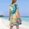 Girls Round Neck Short Sleeve Colorful Swirl Printed A Line Flared Dress