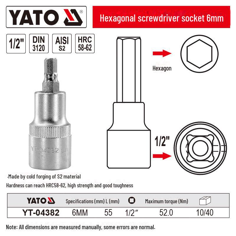 YATO 1/2" Hex Screwdriver Socket Set, S2 Batch Head, Chrome Vanadium Steel