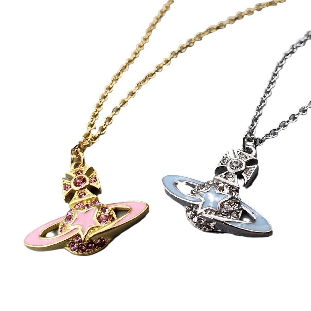 High-end Empress Weiwei Ann European And American Minimalist Hip-hop Niche Drip Glue Pentacle Inlaid Diamond Saturn Pendant Necklace