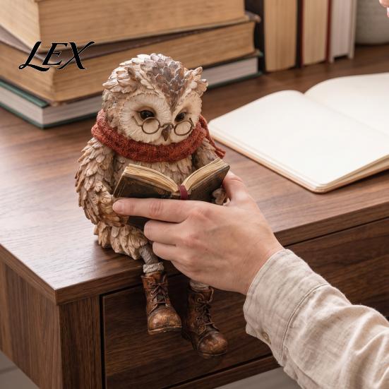 Reading Owl Statue for Home Decor Figurine, Creative with Glasses Scarf Boots And Open Book, Whimsical Reader Gift Teachers Sculpture Book Nook Shelf
